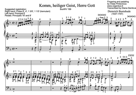 Komm, heiliger Geist, Herre Gott, BuxWV 199 by D. Buxtehude with fingering and pedaling