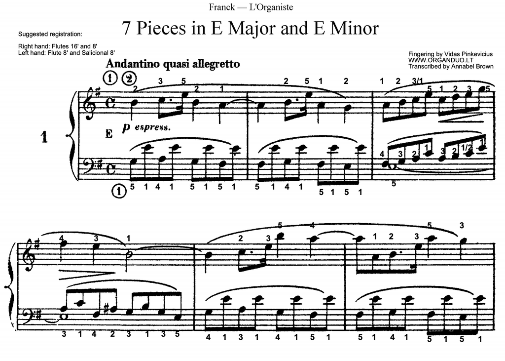 Andantino quasi allegretto in E Minor from L'Organiste by Cesar Franck with Fingering