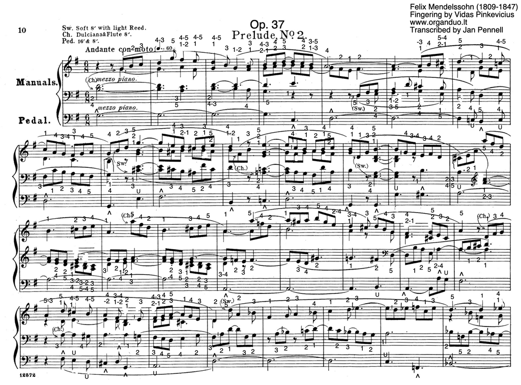 Prelude and Fugue in G Major, Op. 37 No. 2 by Felix Mendelssohn with Fingering and Pedaling