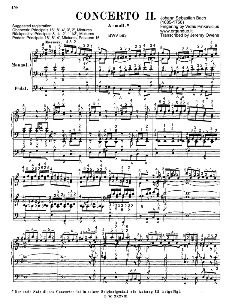 Organ Concerto No. 2 in A Minor, BWV 593 by Johann Sebastian Bach with Fingering and Pedaling