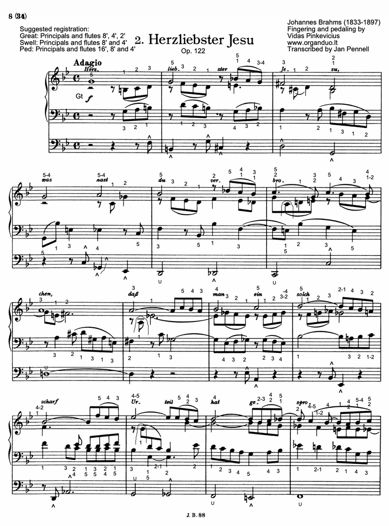 Herzliebster Jesu, Op. 122 No. 2 by Johannes Brahms with fingering and pedaling