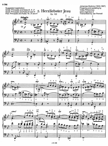 Herzliebster Jesu, Op. 122 No. 2 by Johannes Brahms with fingering and pedaling