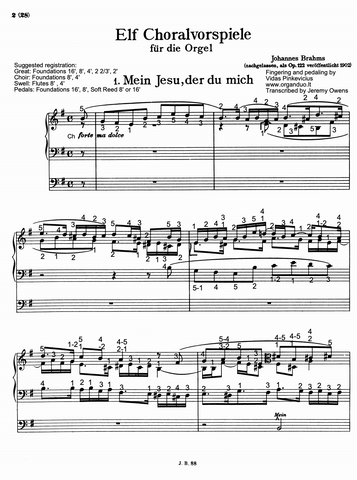 Mein Jesu, der du mich, Op. 122 No. 1 by Johannes Brahms with fingering and pedaling