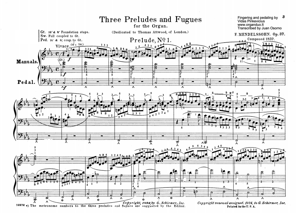 Prelude and Fugue in C Minor, Op. 37 No. 1 by Felix Mendelssohn with fingering and pedaling