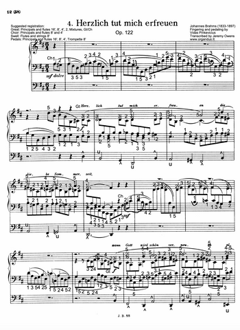 Herzlich tut mich erfreuen, Op. 122 No. 4 by Johannes Brahms with fingering and pedaling