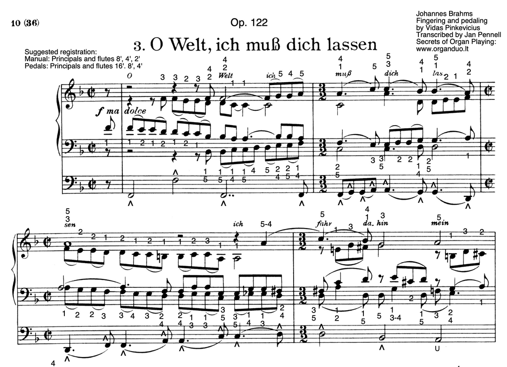 O Welt, ich muss dich lassen, Op. 122 No. 3 by Johannes Brahms with fingering and pedaling