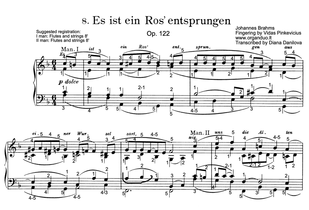 Es ist ein Ros' entsprungen, Op. 122 No. 8 by Johannes Brahms with fingering
