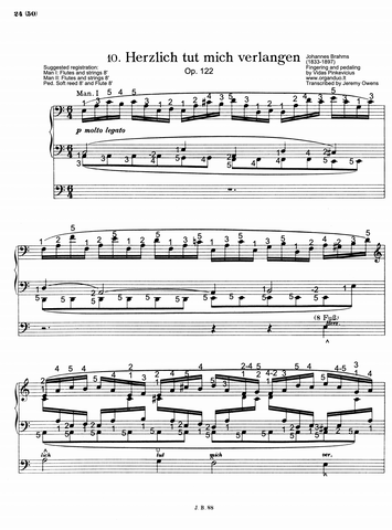 Herzlich tut mich verlangen, Op. 122 No. 10 by Johannes Brahms with fingering