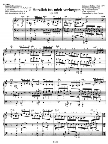 Herzlich tut mich verlangen, Op. 122 No. 9 by Johannes Brahms with fingering and pedaling