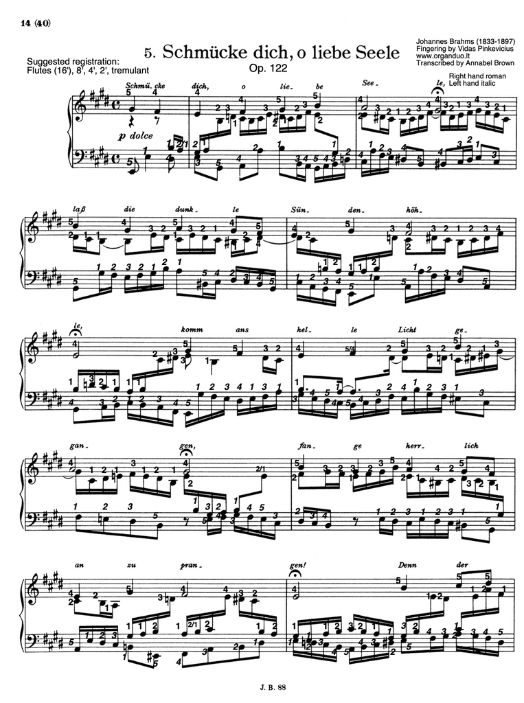 Schmücke dich, o liebe Seele, Op. 122 No. 5 by Johannes Brahms with fingering