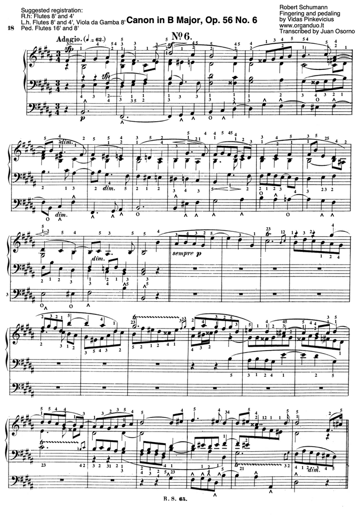 Canon in B Major, Op. 56, No. 6 by Robert Schumann with fingering and pedaling