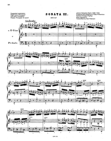 Trio Sonata No. 3 in D Minor, BWV 527 by J.S. Bach with fingering and pedaling