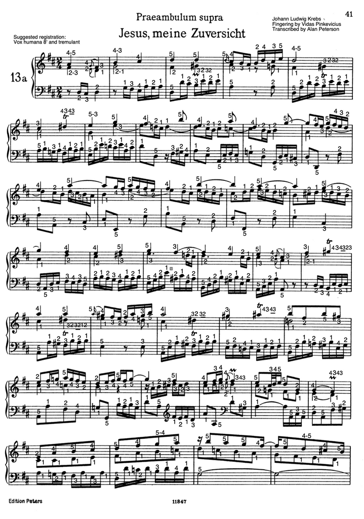 Jesus, meine Zuversicht by Johann Ludwig Krebs with fingering and transcribed continuo notation