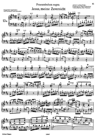 Jesus, meine Zuversicht by Johann Ludwig Krebs with fingering and transcribed continuo notation