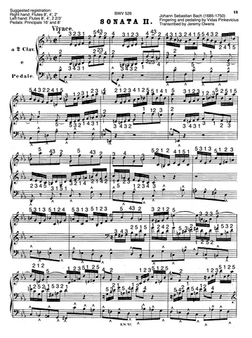 Trio Sonata No. 2 in C Minor, BWV 526 by J.S. Bach with fingering and pedaling