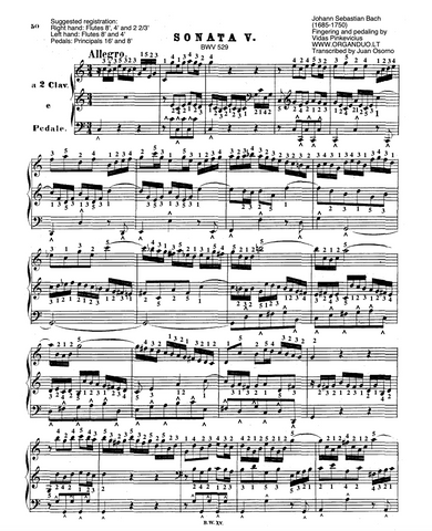 Trio Sonata No. 5 in C Major, BWV 529 by J.S. Bach with fingering and pedaling