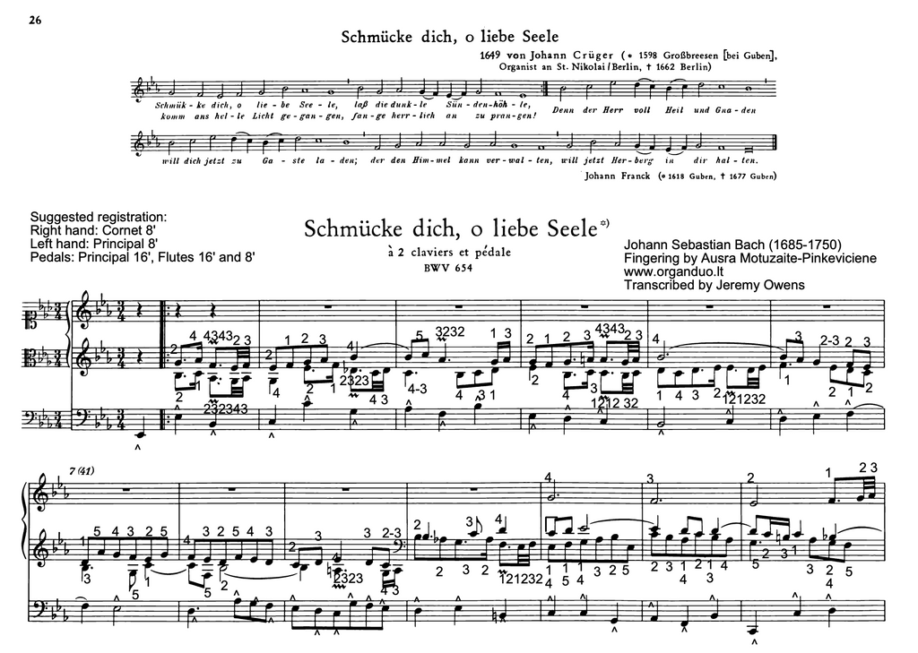 Schmücke dich, o liebe Seele, BWV 654 by Johann Sebastian Bach with Fingering and Pedaling