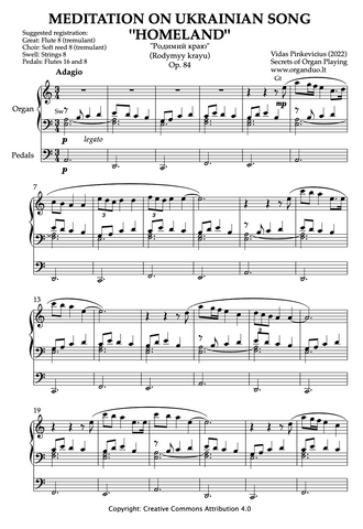 Meditation on Ukrainian Song "Homeland", Op. 84 (Organ Solo) by Vidas Pinkevicius (2022)