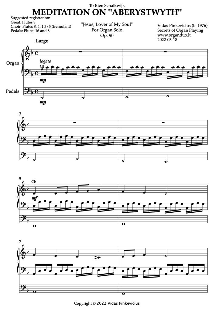 Meditation on "Aberystwyth", Op. 90 (Organ Solo) by Vidas Pinkevicius (2022)