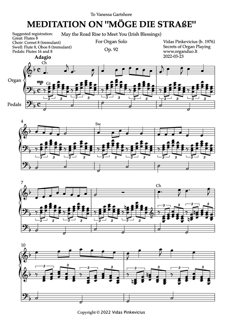 Meditation on "Möge die Straße", Op. 92 (Organ Solo) by Vidas Pinkevicius (2022)