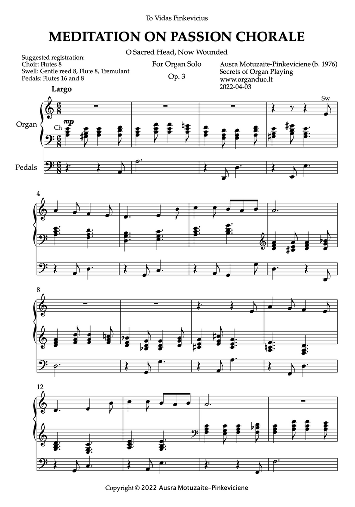 Meditation on Passion Choral, Op. 3 (Organ Solo) by Ausra Motuzaite-Pinkeviciene (2022)