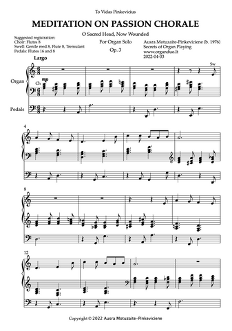 Meditation on Passion Choral, Op. 3 (Organ Solo) by Ausra Motuzaite-Pinkeviciene (2022)