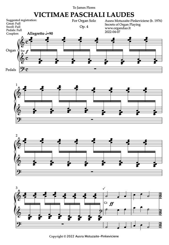 Victimae Paschali Laudes, Op. 4 (Organ Solo) by Ausra Motuzaite-Pinkeviciene (2022)
