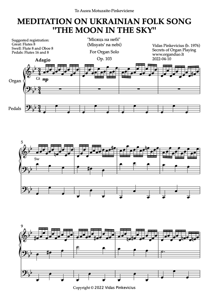 Meditation on Ukrainian Folk Song "The Moon in the Sky", Op. 103 (Organ Solo) by Vidas Pinkevicius (2022)