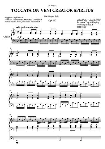 Toccata on Veni Creator Spiritus, Op. 110 (Organ Solo) by Vidas Pinkevicius (2022)