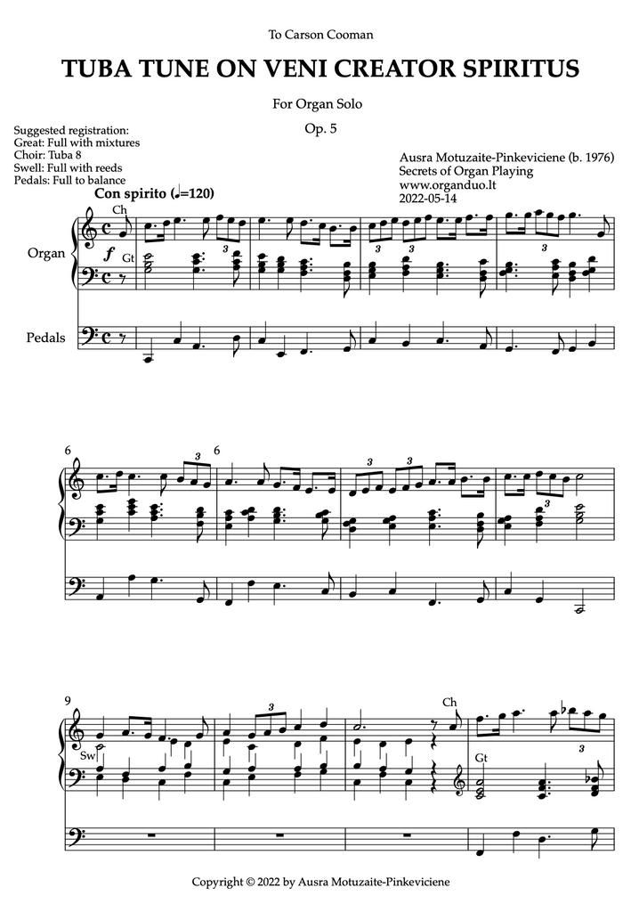 Tuba Tune on Veni Creator Spiritus, Op. 5 (Organ Solo) by Ausra Motuzaite-Pinkeviciene (2022)
