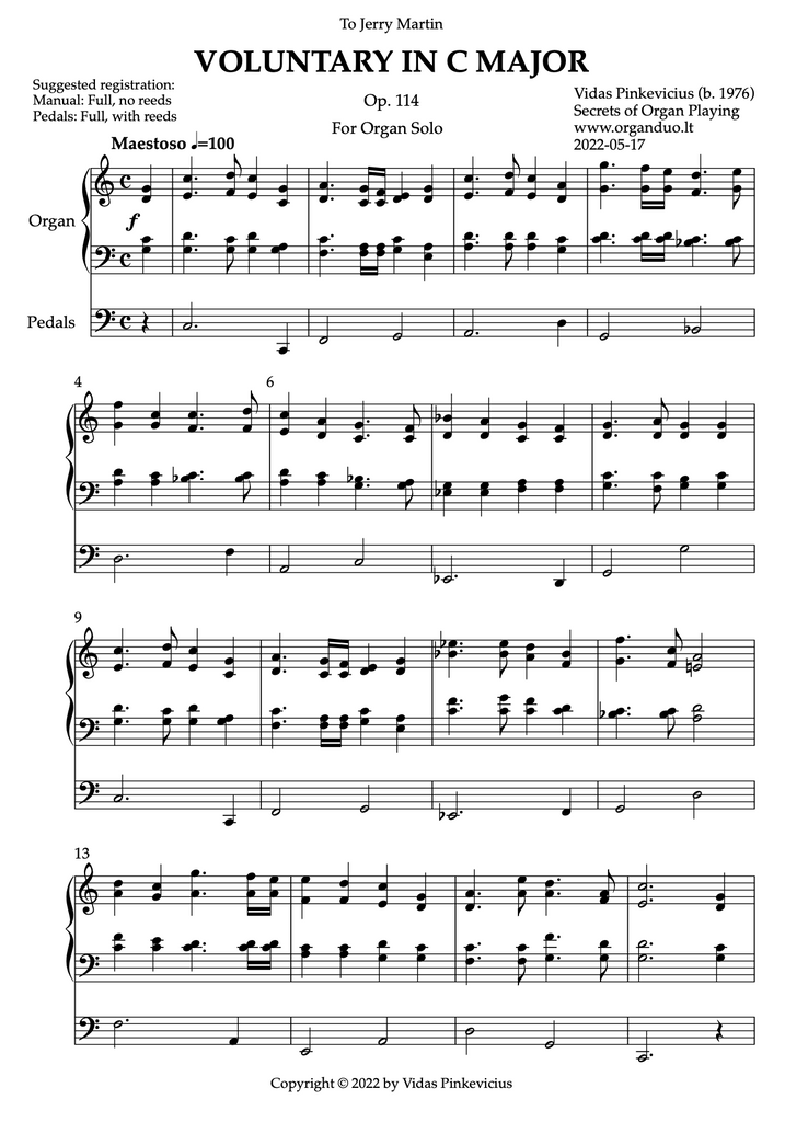 Voluntary in C Major, Op. 114 (Organ Solo) by Vidas Pinkevicius (2022)