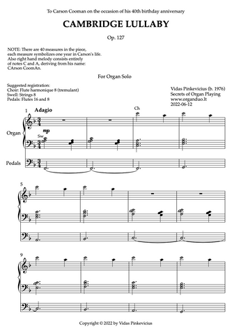 Cambridge Lullaby, Op. 127 (Organ Solo) by Vidas Pinkevicius (2022)