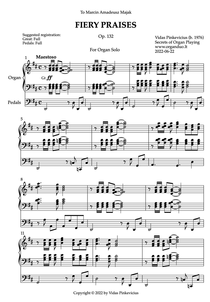 Fiery Praises, Op. 132 (Organ Solo) by Vidas Pinkevicius (2022)