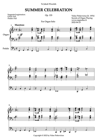 Summer Celebration, Op. 133 (Organ Solo) by Vidas Pinkevicius (2022)