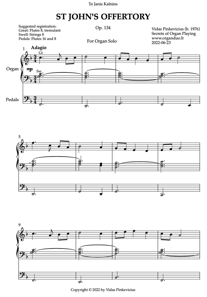 St John's Offertory, Op. 134 (Organ Solo) by Vidas Pinkevicius (2022)