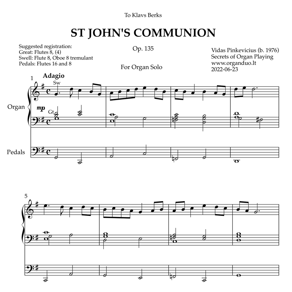 St John's Communion, Op. 135 (Organ Solo) by Vidas Pinkevicius (2022)
