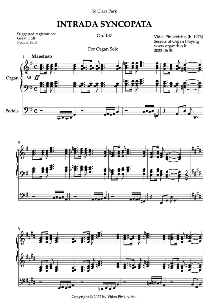 Intrada Syncopata, Op. 137 (Organ Solo) by Vidas Pinkevicius (2022)