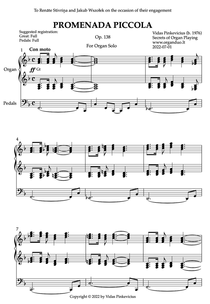 Promenada Piccola, Op. 138 (Organ Solo) by Vidas Pinkevicius (2022)