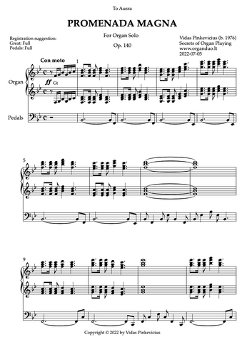 Promenada Magna, Op. 140 (Organ Solo) by Vidas Pinkevicius (2022)