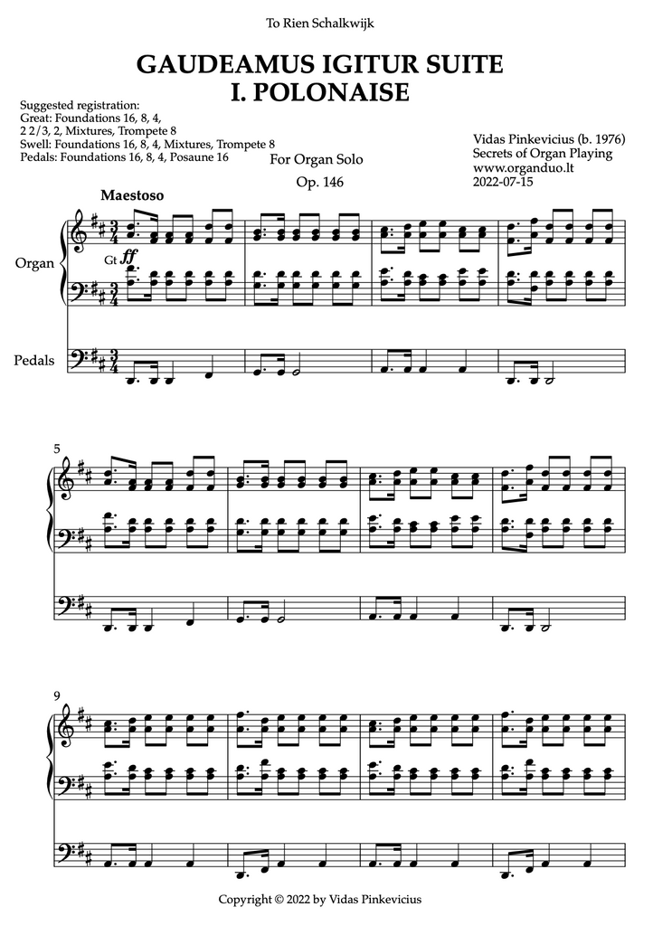 Gaudeamus Igitur Suite, Op. 146 (Organ Solo) by Vidas Pinkevicius (2022)