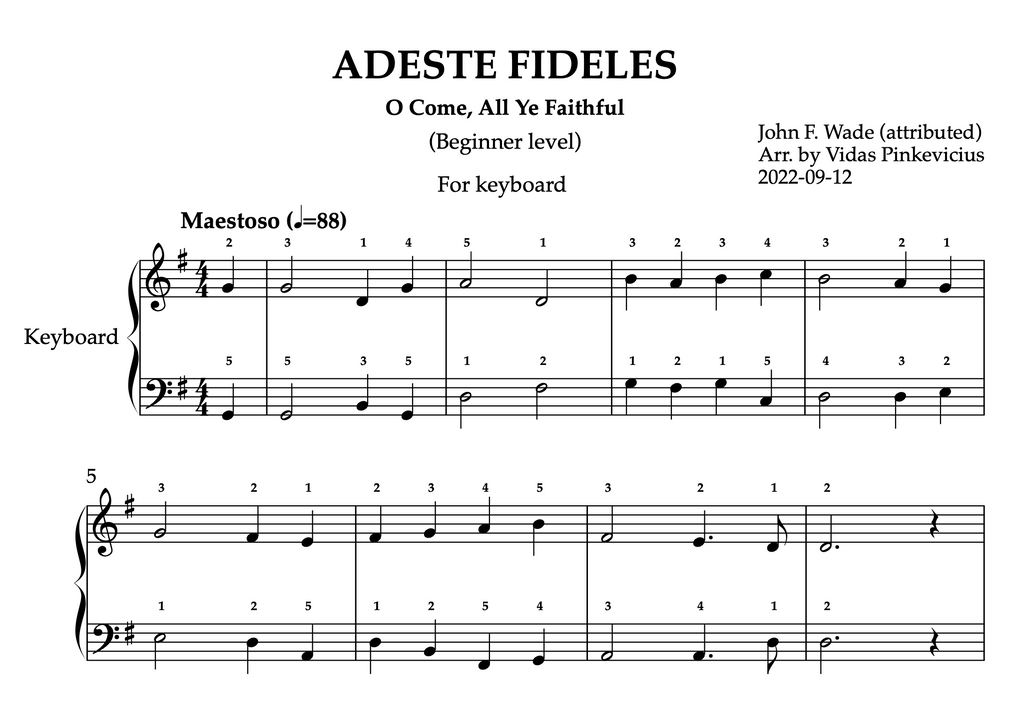 Adeste fideles (keyboard) with fingering