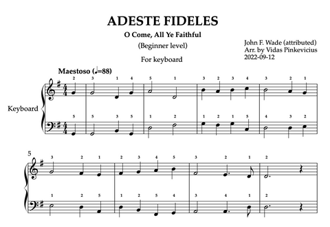 Adeste fideles (keyboard) with fingering
