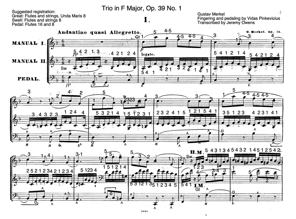 Trio in F Major, Op. 39 No. 1 by Gustav Merkel with fingering and pedaling