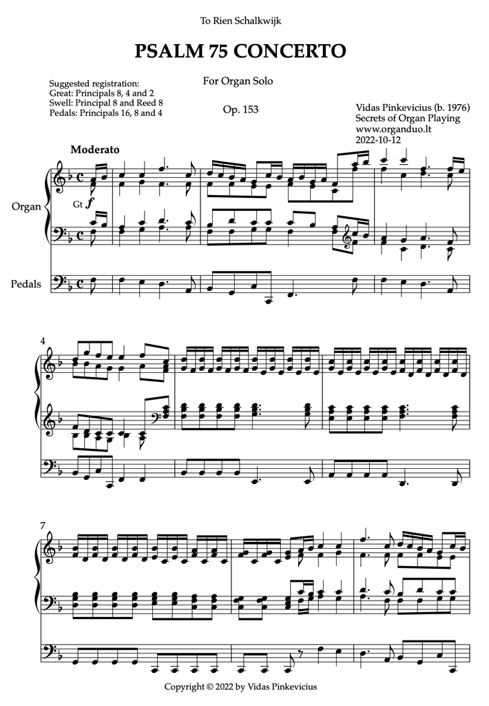 Psalm 75 Concerto, Op. 153 (Organ Solo) by Vidas Pinkevicius (2022)