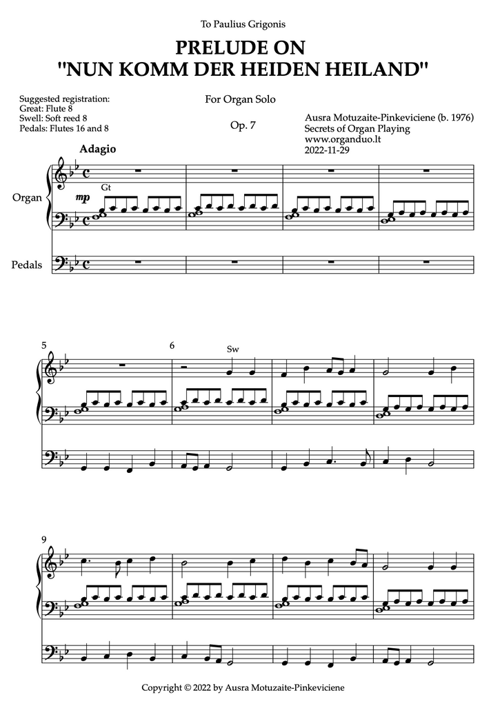 Prelude on "Nun komm der Heiden Heiland", Op. 7 (Organ Solo) by Ausra Motuzaite-Pinkeviciene