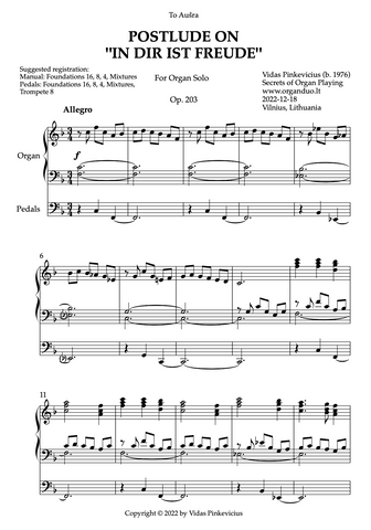 Postlude on "In dir ist Freude", Op. 203 (Organ Solo) by Vidas Pinkevicius