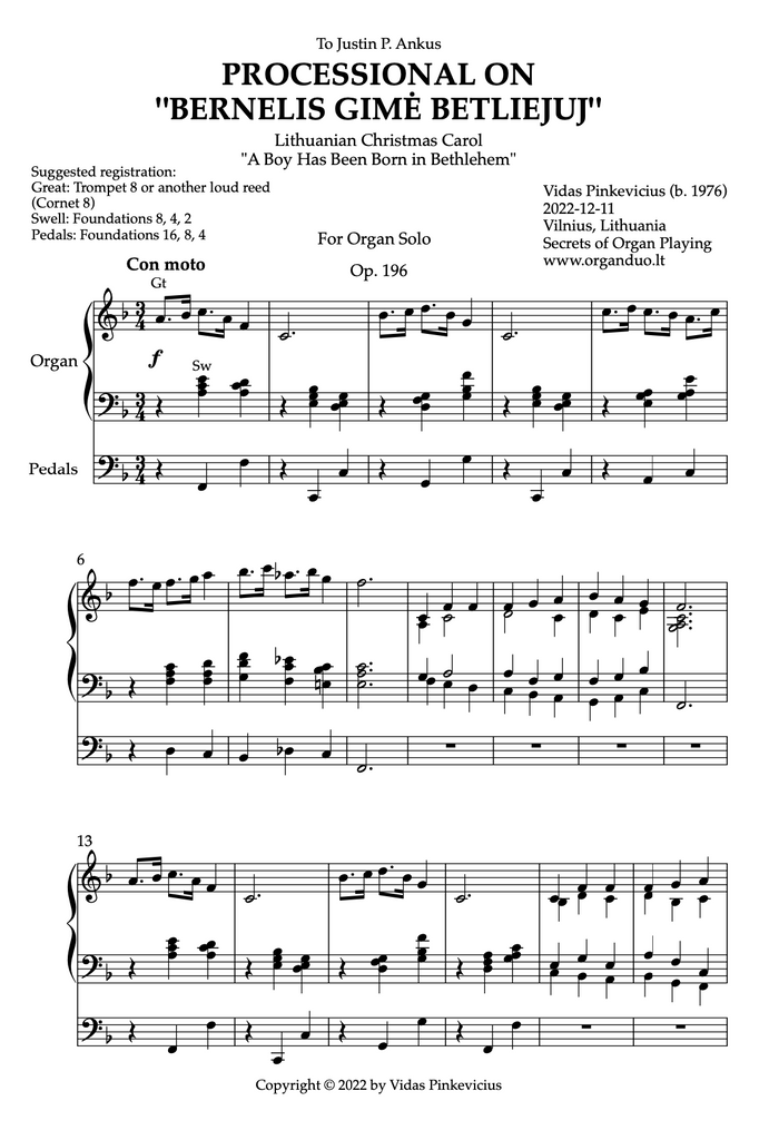 Processional on "Bernelis gimė Betliejuj", Op. 196 (Organ Solo) by Vidas Pinkevicius