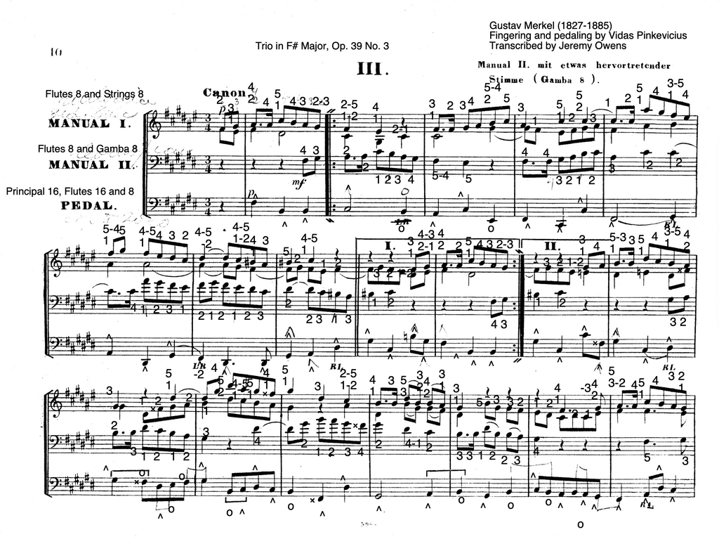 Trio in F# Major, Op. 39 No. 3 by Gustav Merkel with fingering and pedaling