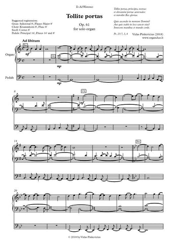 Tollite portas, Op. 61 (2018) for solo organ by Vidas Pinkevicius