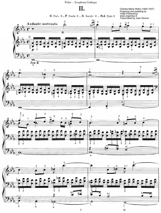 Andante Sostenuto by Ch.-M. Widor with complete fingering and pedaling